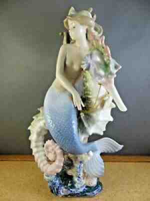 Lladro Beneath the Waves Mermaid Riding Seahorse Porcelain Figurine Hand Signed