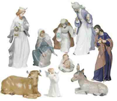 NAO BY LLADRO 9-PIECE GLOSS NATIVITY SET & ANGEL BRAND NIB CHRISTMAS SAVE$ F/S