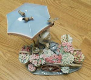 Lladro Flowers of the Season Figure, Cart Girl Umbrella Birds, 1454, w/Box, Rare