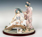 Lladro Oriental Geisha Dancers with Parasol on a Bridge w Lladro Wood Base MINT'