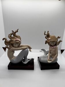 Set of 2 Lladro Mermaid Figurines with Wood Bases
