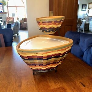 Longaberger 2004 Fiesta Chip & Dip Triangle Baskets, Protectors W/lids & Stand