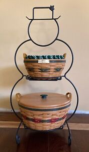 Longaberger Wrought Iron Snowman Stand & 1999 Green Popcorn & Pinecone Baskets