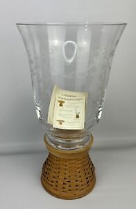 Longaberger Etched Glass Hurricane Wood Woven Pedestal Base, Retired, VGUC