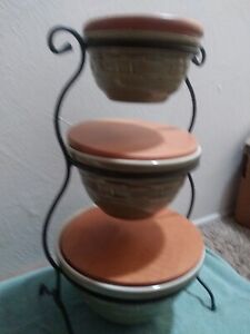 Longaberger 3 Tier Metal Mixing Bowl Stand/Wood Shelves/Sage Mixing Bowls (3)