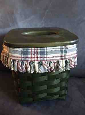 LONGABERGER 2006 GREEN TALL TISSUE BOX BASKET WITH PLAID LINER & WOODEN LID