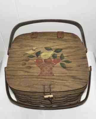 VINTAGE Longaberger Double Handle Pie Carrier Basket w/Riser & Hand Painted Lid