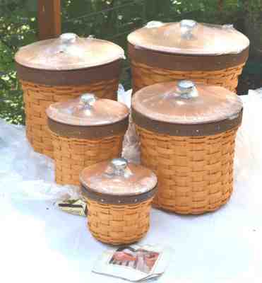 Longaberger CROCK BASKET SET - All 5 CANISTERS + WOOD LIDS & Sealable PROTS Mint