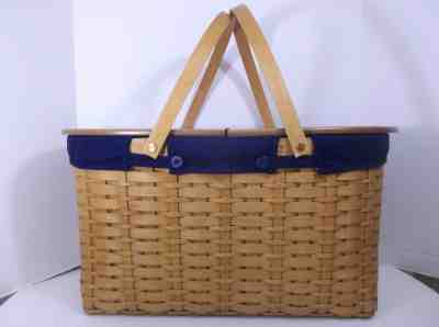 Longaberger Extra Large Oval Picnic Basket & wood lid & protector & blue liner