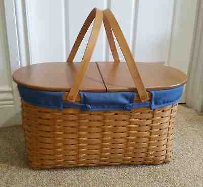 Longaberger EXTRA LARGE 21” Oval Picnic BASKET & Protector HINGED LID Liner 2003