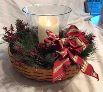 LONGABERGER Md Wreath Basket Etched Glass hurricane Vase Greenery Holiday Stripe