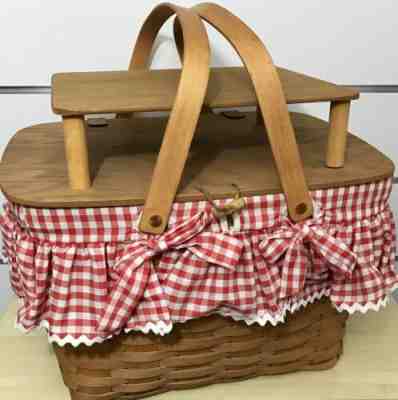 Longaberger Large Picnic Basket 1992, Red Gingham Liner, Riser, Protector