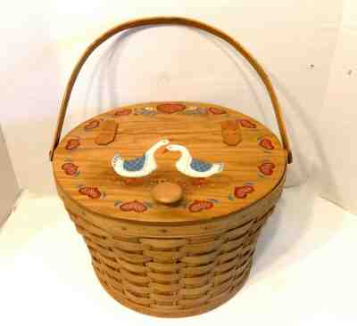Longaberger Vintage 1986 Hinged Lid Sewing Basket with Country Geese Design