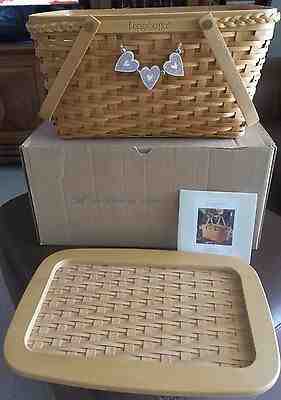 Longaberger Founders Basket W/ Lid, Pro. & Homestead Pink Hearts Basket Tie On