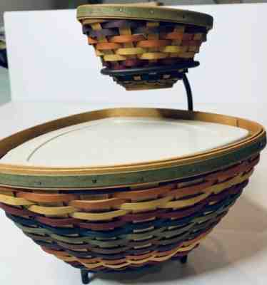 Longaberger Fiesta Multi Color Triangle Bowl Baskets Wrought Iron Stand 