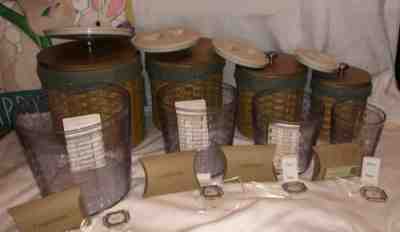 LONGABERGER CANISTER BASKET SET - SET (4) PROTECTORS, SAGE LINERS, TIE-ON PEWTER