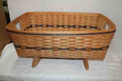 Longaberger Large Rocking(HUMAN) Baby Cradle Basket 1989 Blue Accent Stripe