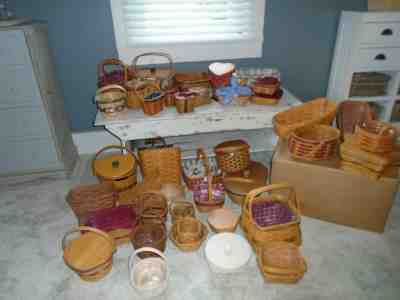  Longaberger 40+ Baskets, Protectors, Fabric Liners, Lids, Tie ons Mixed Lot 