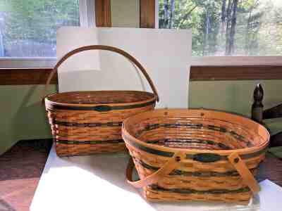 2 Longaberger Traditions Collection 1995 Family Basket Green Swing Handle Liners