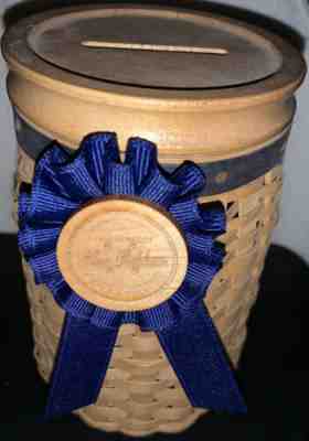 Longaberger 2003 Blue Ribbon Pride Basket Protector Coin Bank W /Lid Warm Brown