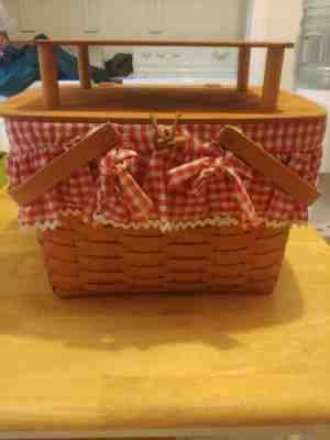 Longaberger Large Picnic Basket w/ Riser, Fabric Liner & Plastic Protector 1992 