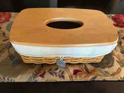 LONGABERGER Long Tissue Box Basket Woodcrafts Lid~Flax Fabric Liner Tie On EUC 