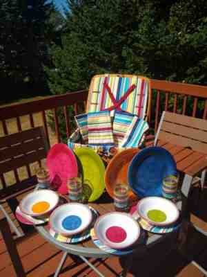 Longaberger Large Picnic Basket - Plates, Bowls, Cups - Sunny Day Stripe - RARE!