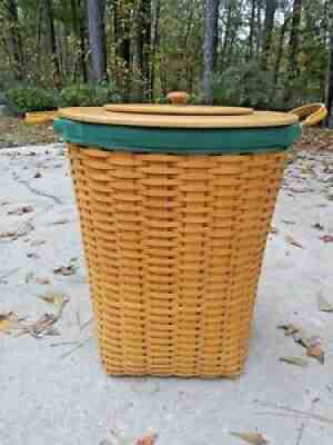 Longaberger Green Scalloped Waste Basket w/ Liner, Protector & Lid