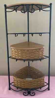 Longaberger wrought iron corner stand w/1 woodcraft shelf, & 3