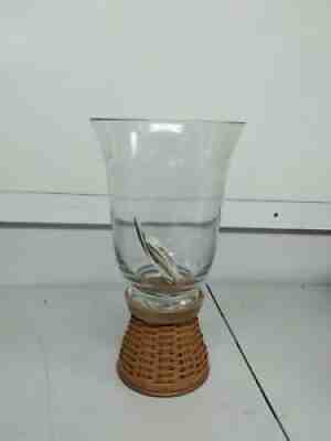 Longaberger 2005 Woven Pedestal Base & Etched Glass Hurricane Vase BEAUTIFUL