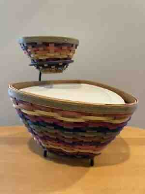 2008 Longaberger Multi Colored Lg & Sm Triangle Basket & Lid Prot Sets W/ Stand