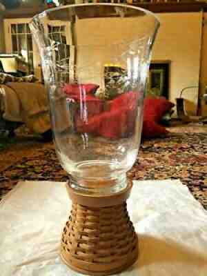 Longaberger Woven Pedestal Base & Etched Glass Hurricane Vase approx 15