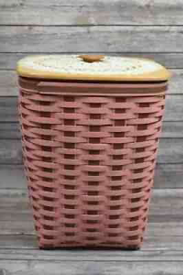 HTF 2012 Longaberger Pink Brown Weave Medium Waste Basket w/ Woodcrafts Lid