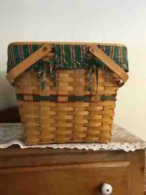 Longaberger 1995 Large Square Basket Evergreen Protector Liner Riser Lid 2 pie