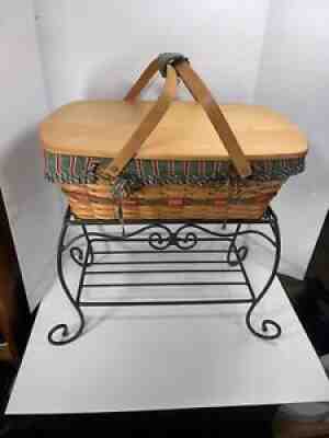 Longaberger Side Table Basket Wooden Lid Striped Fabric Plastic Liner 24x15x22