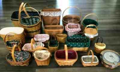 Lot of (20) Longaberger Baskets - 1990 - 2005 - Liners, Protectors, Tie-Ons