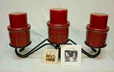 Longaberger Wrought Iron 3 Tiered Candle Stand w Paprika Lidded Crocks & Candles