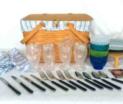 Longaberger Picnic Basket Riser Liner & Napkins & Dishes Flatware Glasses READ