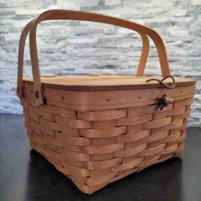 Vintage 1994 Longaberger Pie Carrier Basket Leather Hinged Oak Lid Double Handle