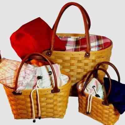 3 Longaberger Boardwalk Baskets Purses, Each w 2 Fabric Liners Plastic Leather