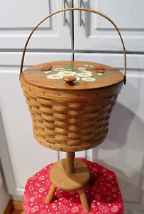 1986 RARE Longaberger Hand Made Sewing Basket with Hand Painted Lid and Stand
