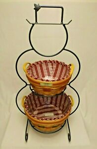 Longaberger Foundry Wrought Iron Snowman Stand & 1999 Popcorn & Pinecone Baskets