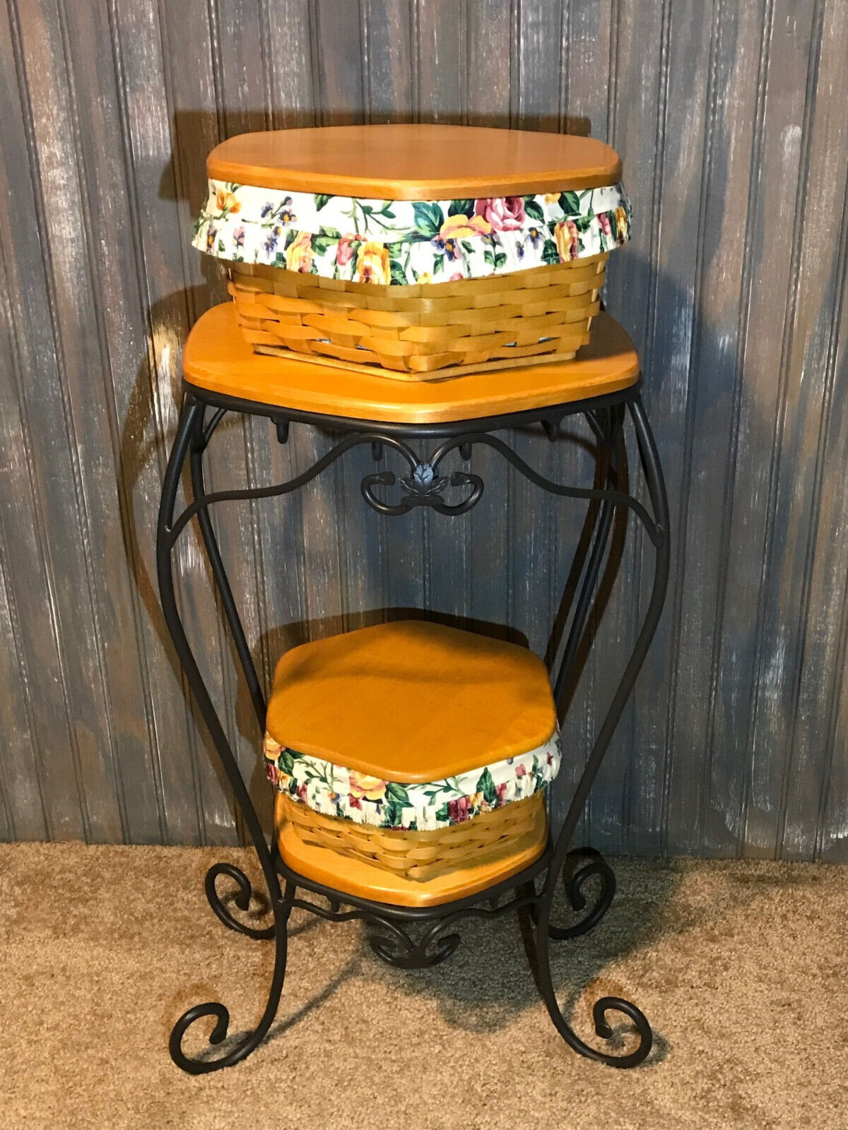 Longaberger Generations Wrought Iron Stand Wood Shelves 2 Baskets Lids Liner Pro
