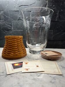 Longaberger Etched Glass Hurricane with Woven Pedestal New In Open Box Unused