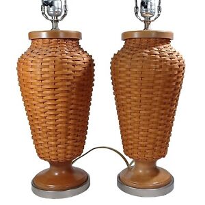 2 Longaberger Basket Hostess  Woven Lamps 2005 Warm Brown Set With Shades