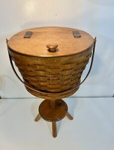 1986 LONGABERGER SEWING BASKET,  ROUND, WITH STAND, LEATHER HINGES