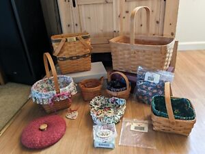 Longaberger lot of Baskets Picnic,Fixed Handle,Leather Handle Liners Tie Ons