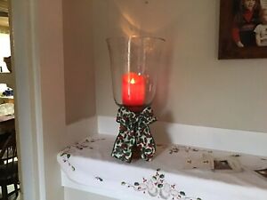 Longaberger Etched Glass Hurricane Candle With Woven Pedestal Stand + Bow NEW