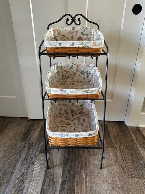 Longaberger Wrought Iron 3-tier Bin Basket Stand Rack 34" with baskets & liners