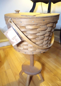Vintage LONGABERGER 13" Sewing Basket with Hinged Lid, and Stand from 1986